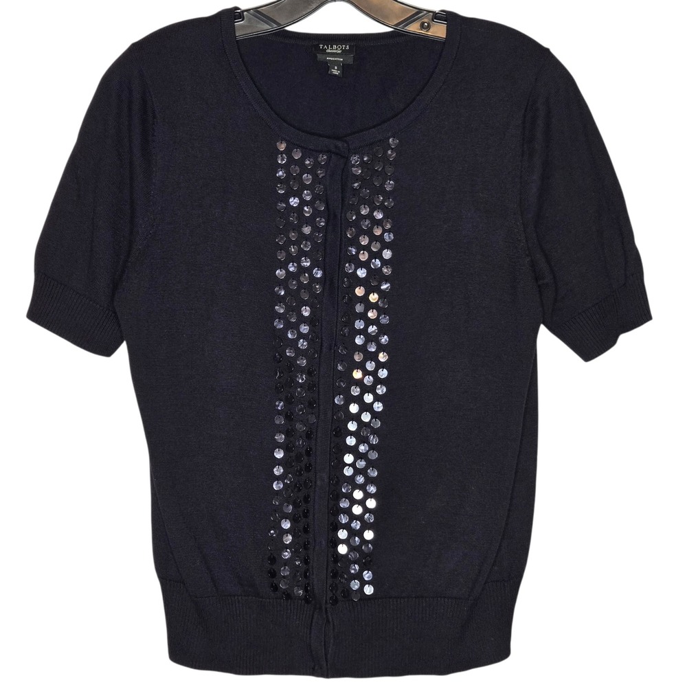 Talbots Small Navy Blue Pima Cotton Paillette Disc Short Sleeve Cardigan Snap